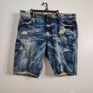 AKOO Empire Men’s Denim Shorts Size 44 – Distressed Acid Wash – Missing Button